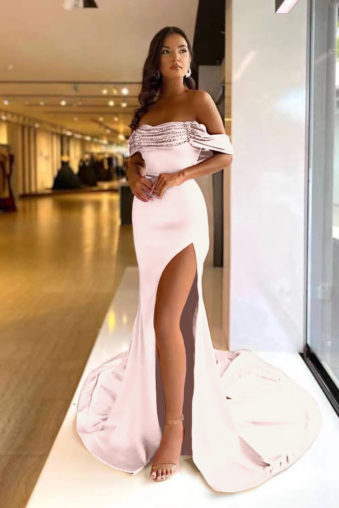 Pink Purple Off-the-Shoulder Beaded Mermaid Prom Dress with Split BM bride