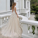 Luxury Long A-Line V-Neck Sleeveless Backless Wedding Dress with Lace and Tulle BM bride