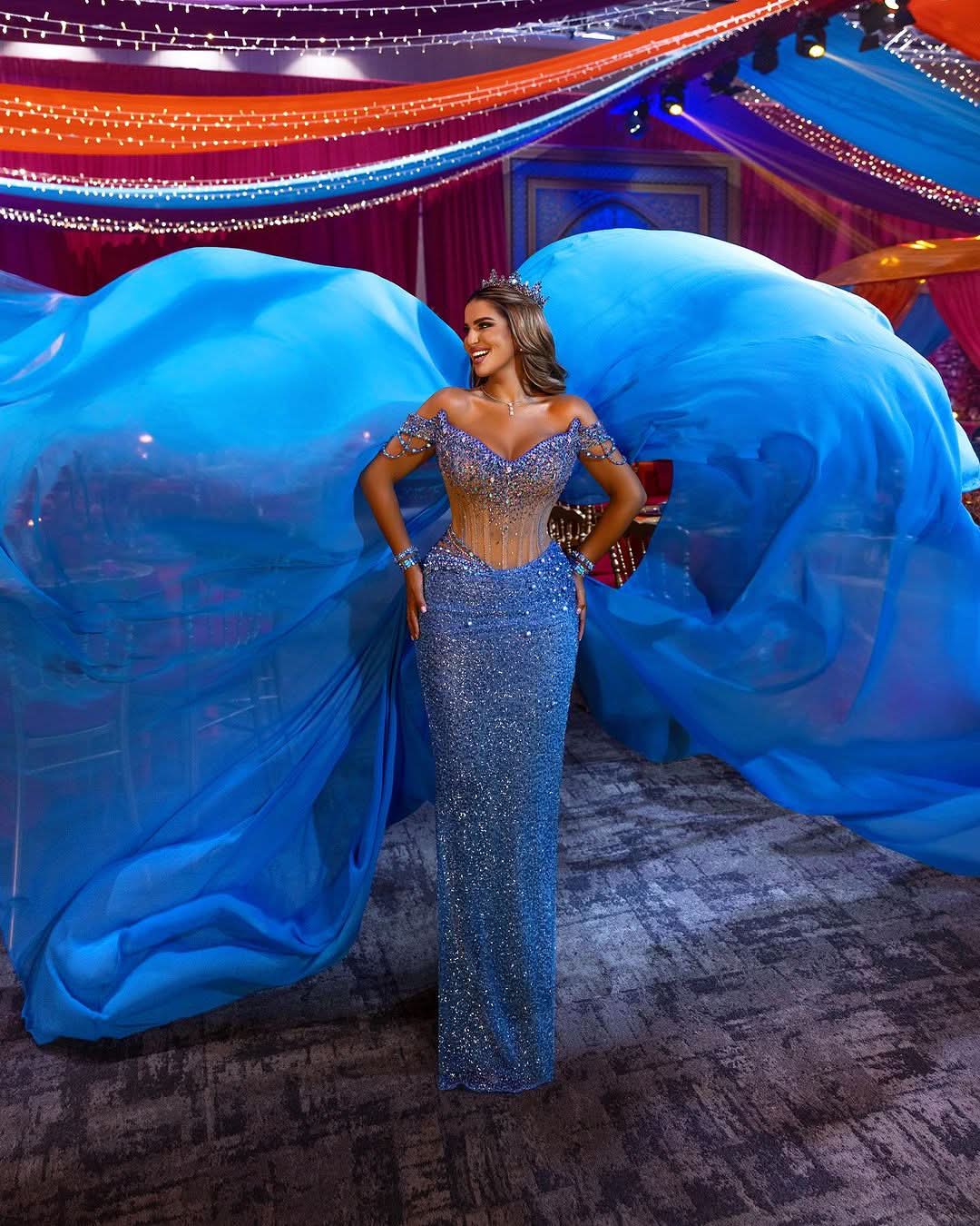 Heavy V Neck Off-the-Shoulder Prom Dress with Sequins Beadings BM bride