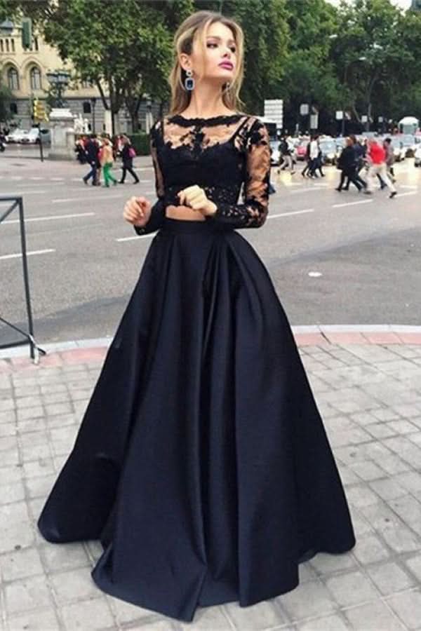 Long Sleeves Black Lace Two-Piece Prom Dress BM bride