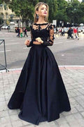 Black Lace A Line Long Prom Dress Two Pieces Long Sleeves With Embroidery