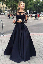 Black Lace A Line Long Prom Dress Two Pieces Long Sleeves With Embroidery