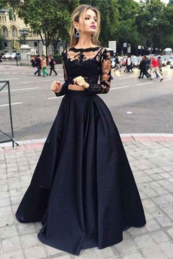 Black Lace A Line Long Prom Dress Two Pieces Long Sleeves With Embroidery