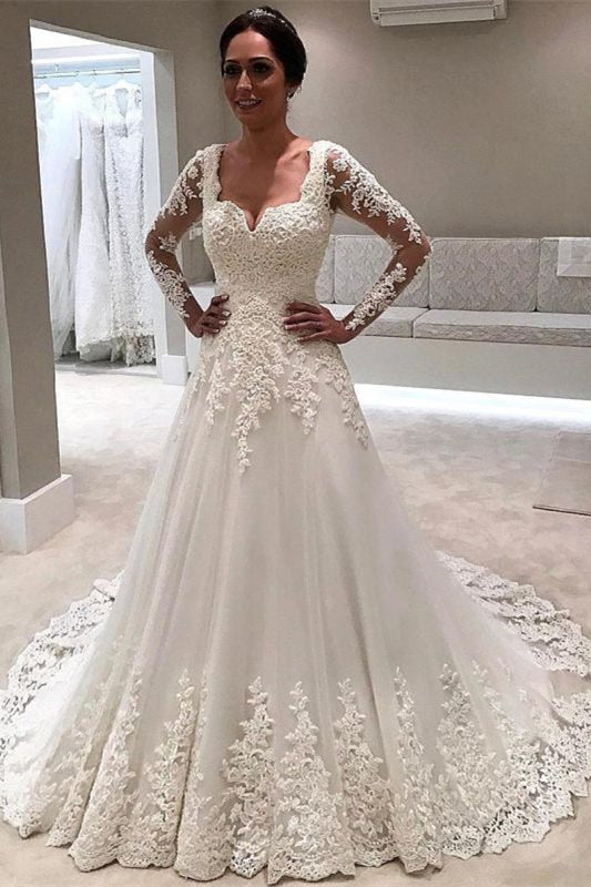 Long Sleeve A-Line Wedding Dress with Lace Appliques BM bride