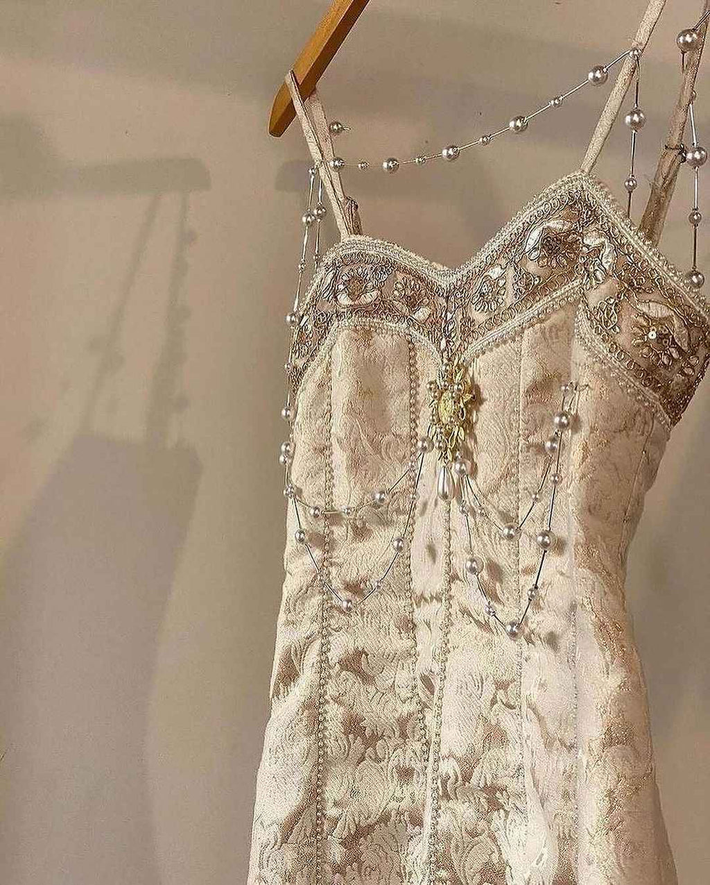 Sweetheart Spaghetti Strap Embroidery Champagne Pearl Mermaid Prom Dress BMBRIDE