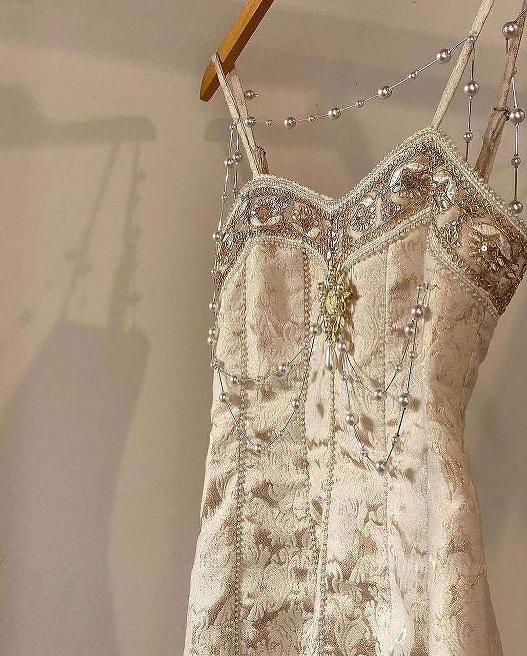 Sweetheart Spaghetti Strap Embroidery Champagne Pearl Mermaid Prom Dress