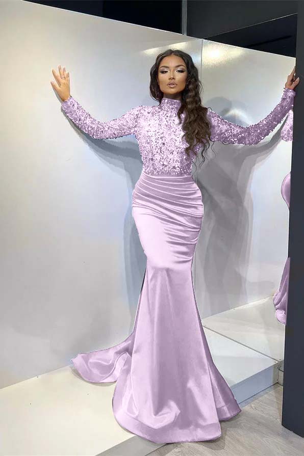 Classic Red Long Mermaid Prom Dress Pleated With Long Sleeves BMBRIDE