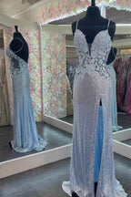 Charming V Neck Spaghetti Strap Sleeveless Prom Dress Split With Appliques