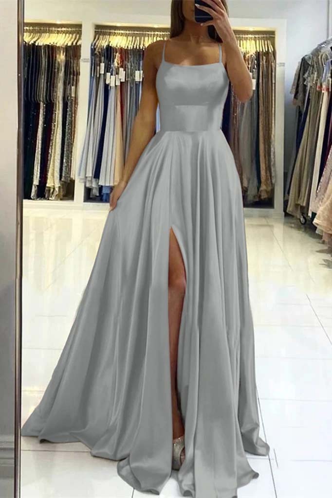 Pink Spaghetti Strap Sleeveless Backless Long Prom Dress With Front Split BMBRIDE