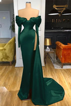 Red Off-the-Shoulder Long Sleeve Mermaid Prom Dress with Split BM bride