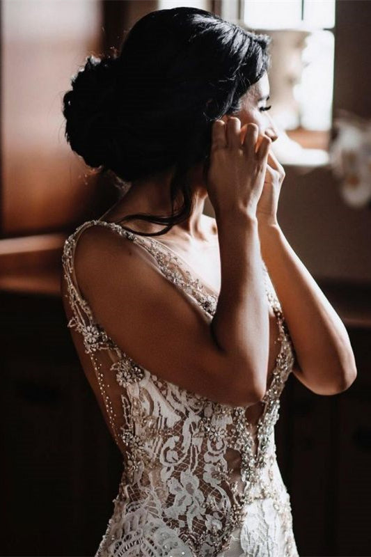 Sheer Strap Chapel Train Lace Mermaid Wedding Dress with Beading BM bride
