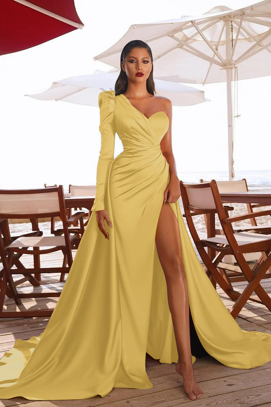 Glamorous One Shoulder Long Sleeve Long Pleated Prom Dress With High Split BMBRIDE