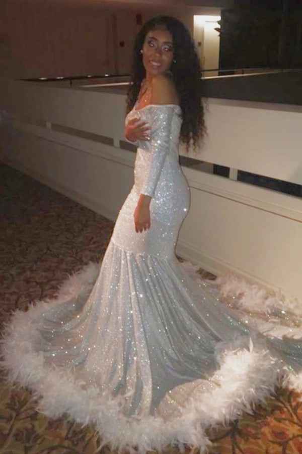 Off the Shoulder Sequins Long Sleeves Long Mermaid Prom Dress With Feather