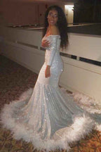 Off the Shoulder Sequins Long Sleeves Long Mermaid Prom Dress With Feather