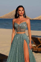 Chic Two Pieces Strapless Sleeveless Long Split Prom Dress With Beadings