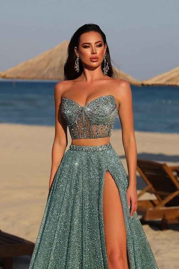 Chic Two Pieces Strapless Sleeveless Long Split Prom Dress With Beadings