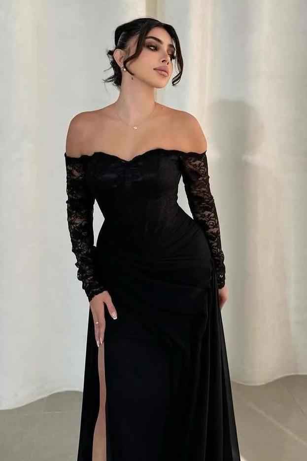 Off the Shoulder Long Sleeves Long Mermaid Prom Dress With Split