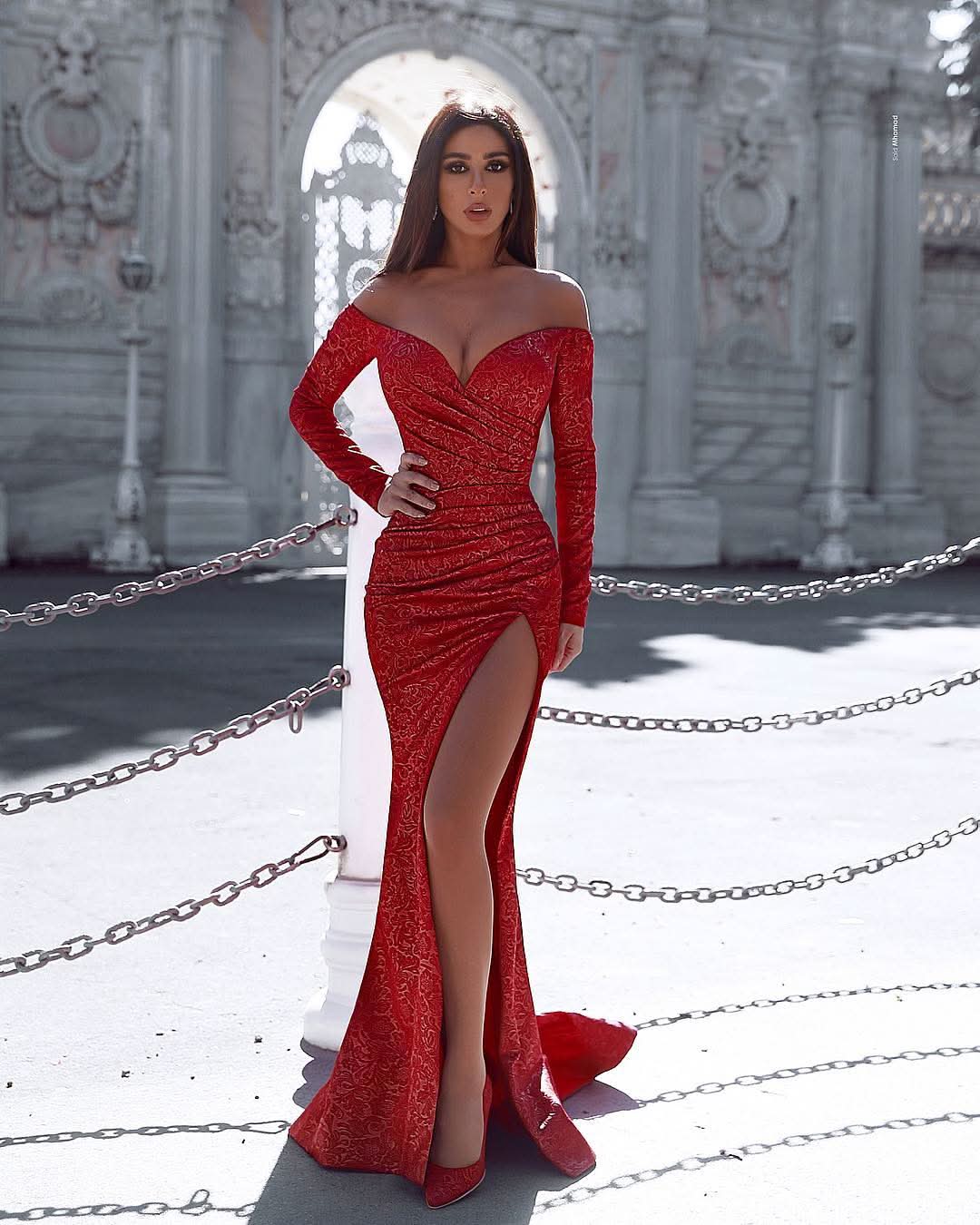 Off-the-Shoulder Lace Mermaid Prom Dress with Slit BM bride