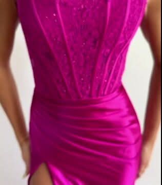 Fuchsia Bateau Sleeveless Prom Dress with Appliques and Slit BM bride