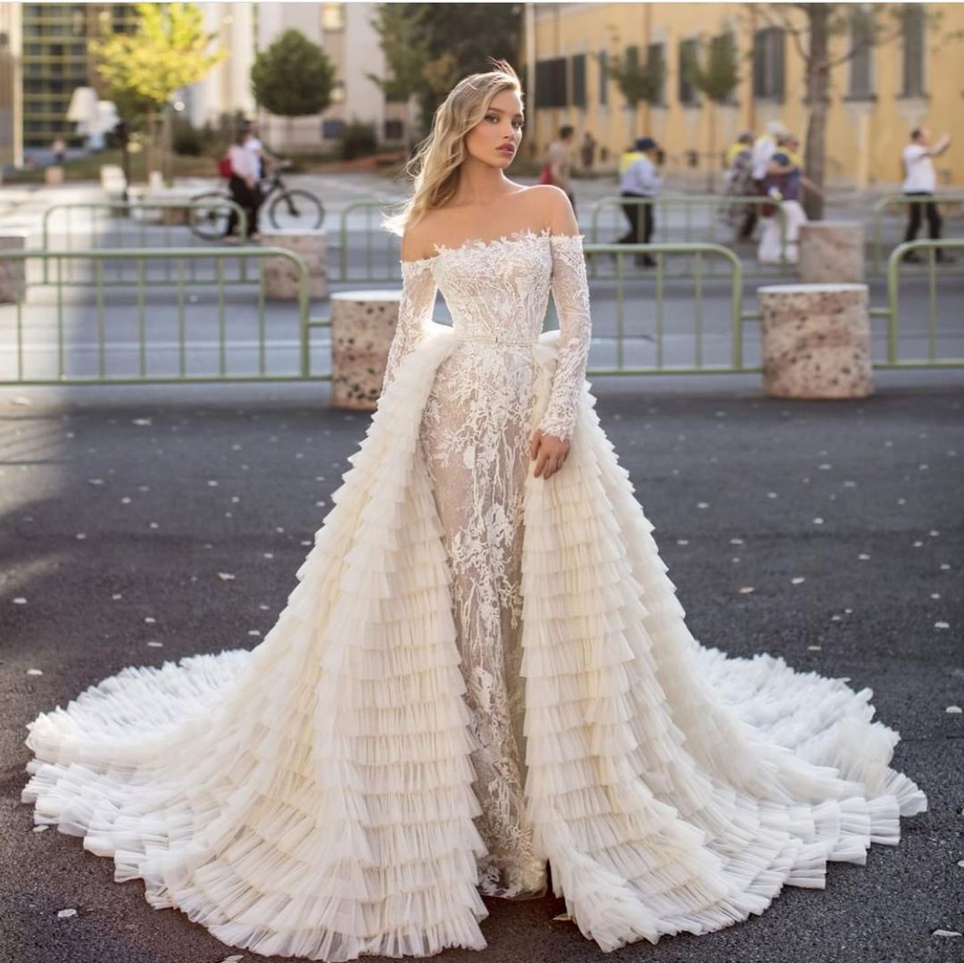 Off-the-Shoulder A-Line Long Sleeve Mermaid Wedding Dress with Train BM bride