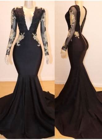 Black Long Sleeve Mermaid Evening Dress BM bride