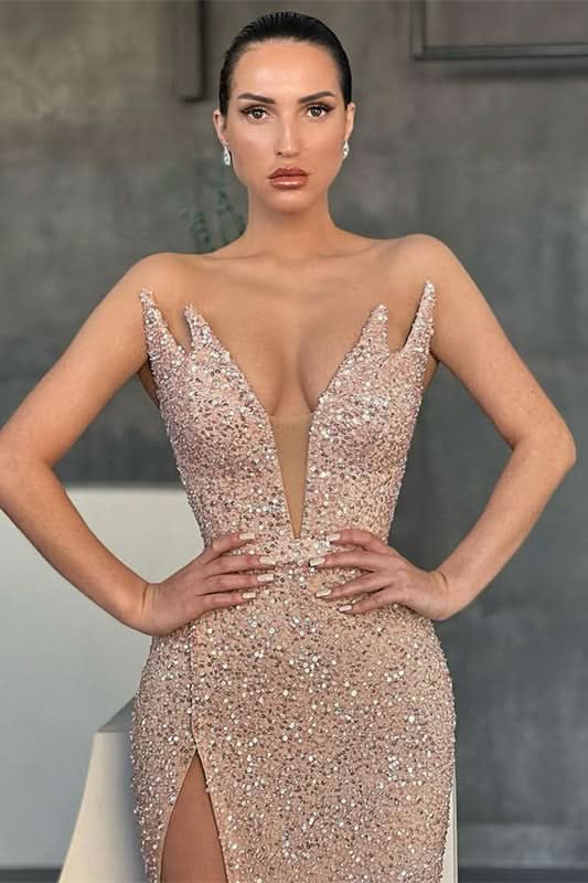 V-Neck Sleeveless Sequins Mermaid Evening Dress with Split BM bride