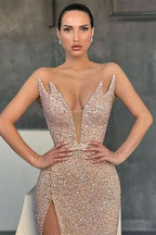 V-Neck Sleeveless Sequins Mermaid Evening Dress with Split BM bride