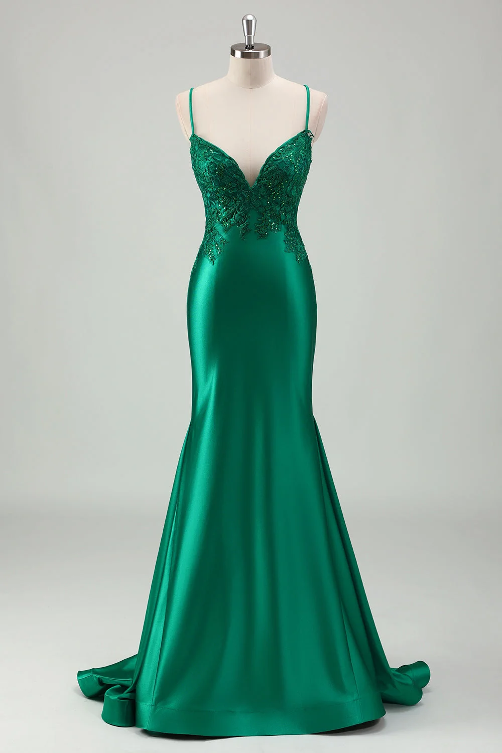 Spaghetti Strap Sleeveless Long Mermaid Prom Dress With Appliques BMBRIDE