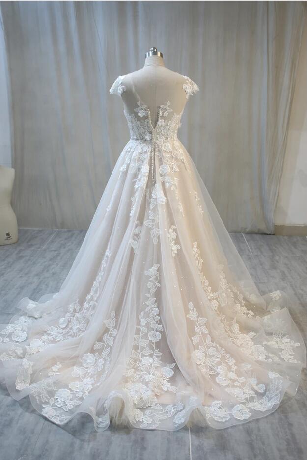 A-Line Bateau Backless Floor-Length Wedding Dress with Lace Tulle Appliques BM bride