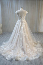 A-Line Bateau Backless Floor-Length Wedding Dress with Lace Tulle Appliques BM bride