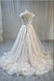 A-Line Bateau Backless Floor-Length Wedding Dress with Lace Tulle Appliques BM bride