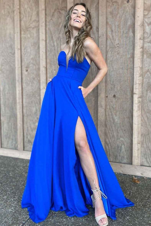 Blue A Line Strapless V Neck Long Prom Dress with Slit BMBRIDE