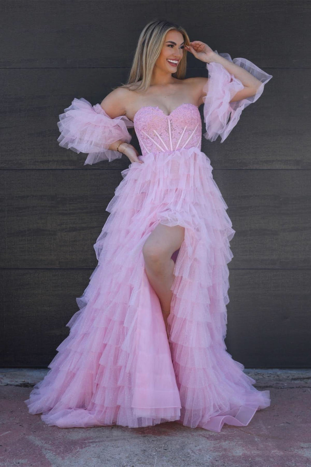 Sweet A-Line Sweetheart Glitter Tulle Prom Dress with Slit BM bride