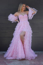 Sweet A-Line Sweetheart Glitter Tulle Prom Dress with Slit BM bride