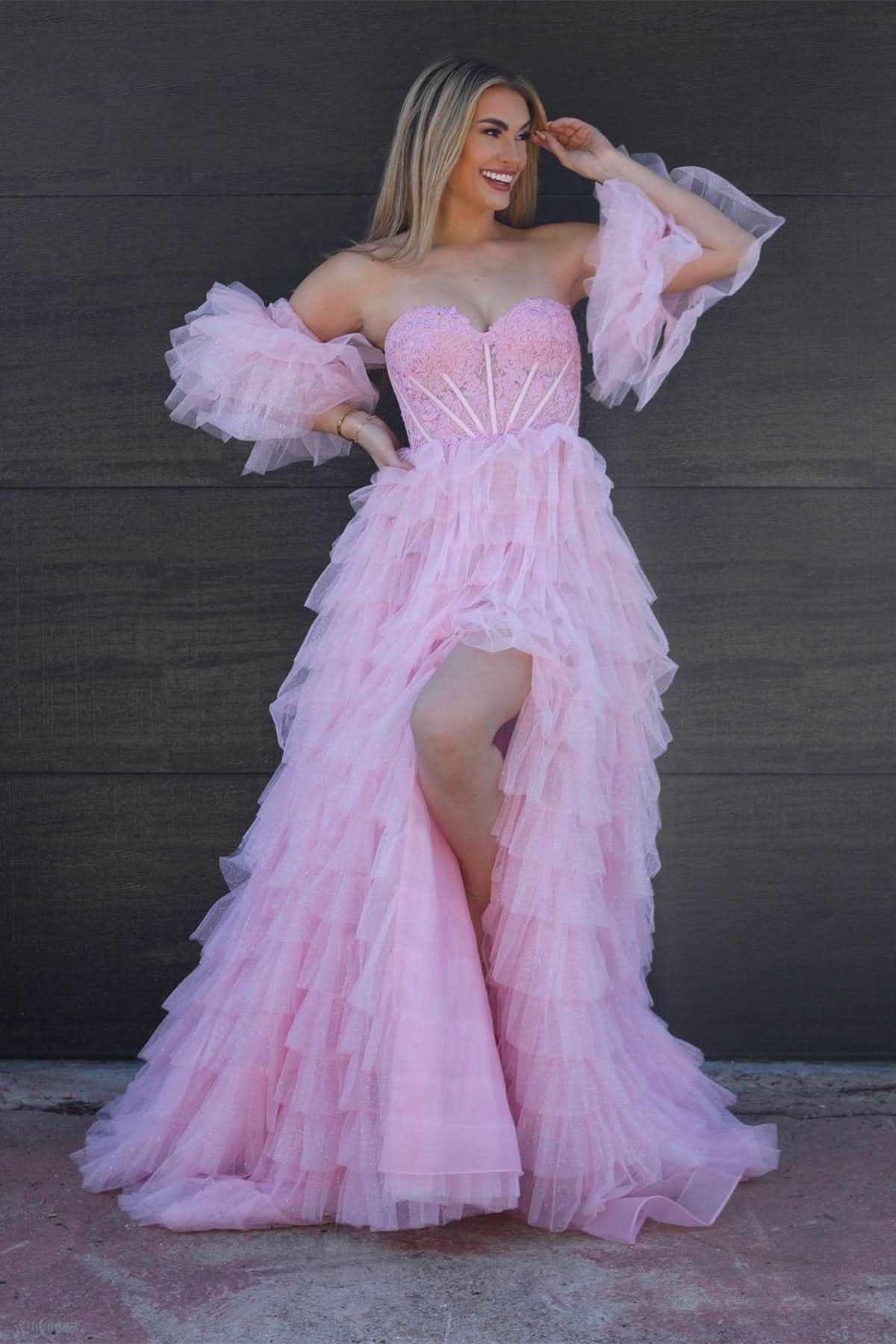 Sweet A-Line Sweetheart Glitter Tulle Prom Dress with Slit BM bride