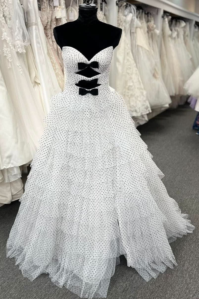 Playful Polka Dot Strapless Ruffle Tiered Prom Gown with Keyholes BM bride