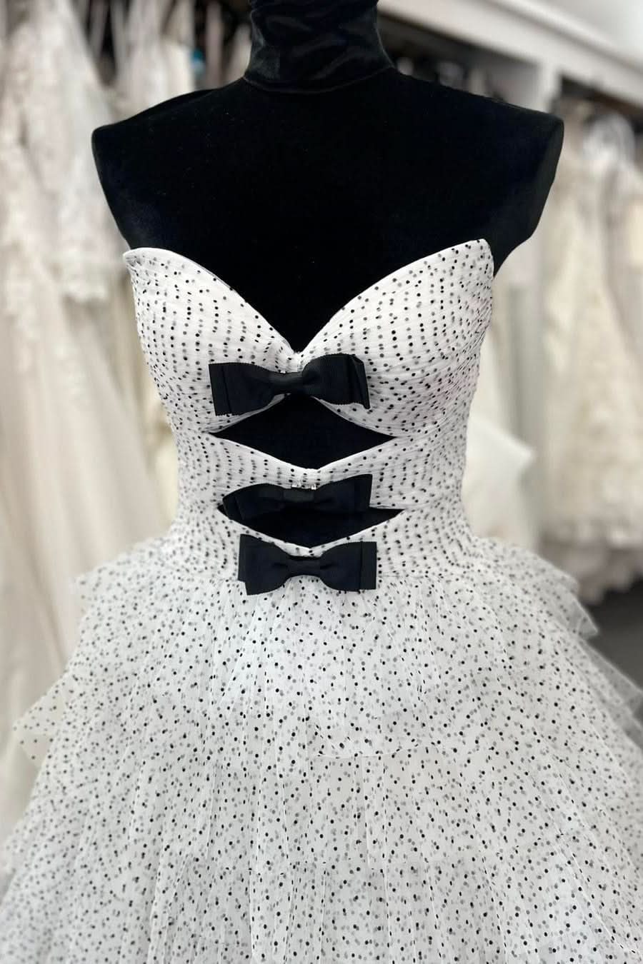 Playful Polka Dot Strapless Ruffle Tiered Prom Gown with Keyholes BM bride