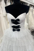 Playful Polka Dot Strapless Ruffle Tiered Prom Gown with Keyholes BM bride
