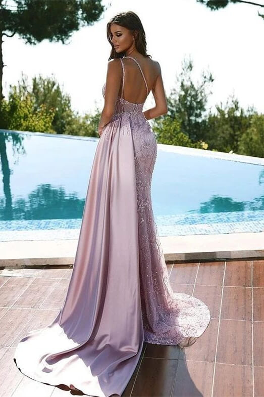 Elegant Pink One Shoulder Long Mermaid Prom Dress with Beads and Split BM bride