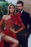 Burgundy Long Sleeves Bowknot Sequins Mermaid Prom Dress with Split BM bride