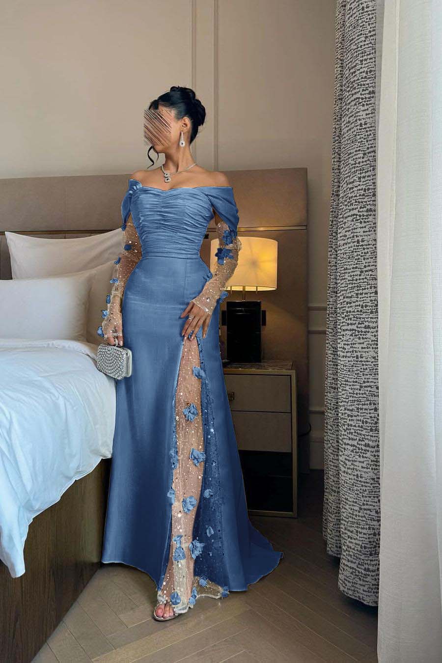 Off the Shoulder Long Sleeves Long Prom Dress With Split Appliques BMBRIDE