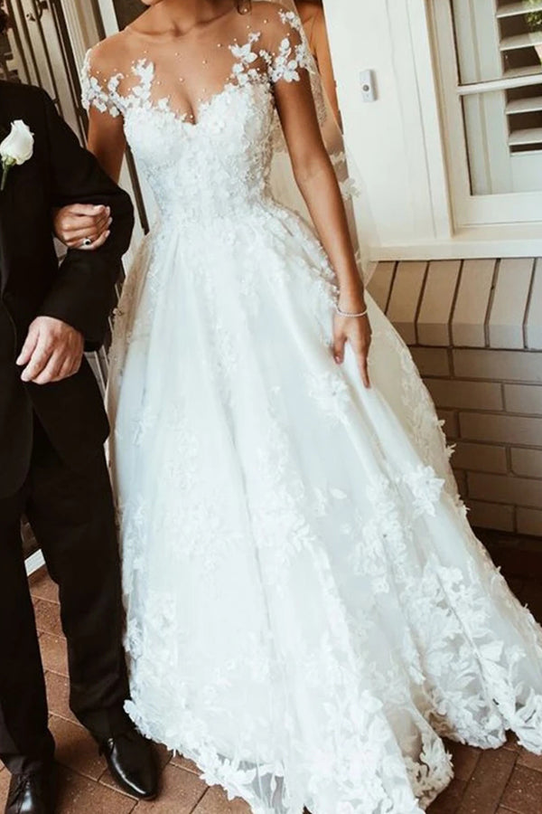 Gorgeous Jewel Neck Beaded Wedding Dress with Tulle and Lace Appliques BM bride
