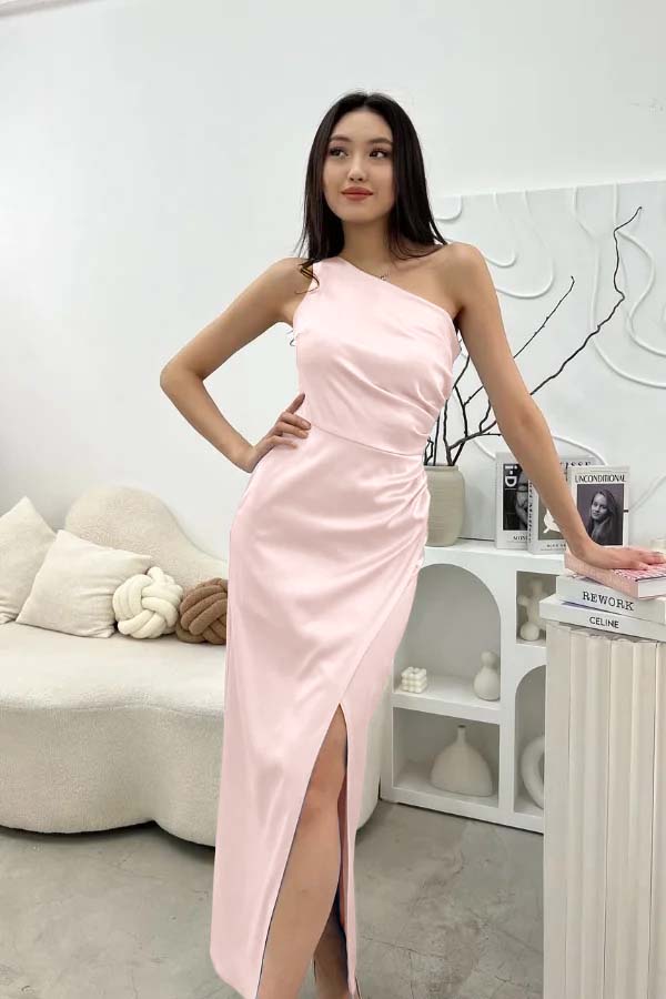 Chic Sleeveless One Shoulder Long Prom Dress With Pleated Split BMBRIDE
