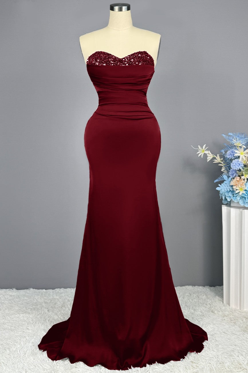Red Sweetheart Sleeveless Sequined Mermaid Prom Dress BM bride