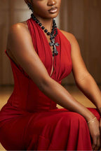 Chic Red Halter Sleeveless Mermaid Long Prom Dress With Pleated