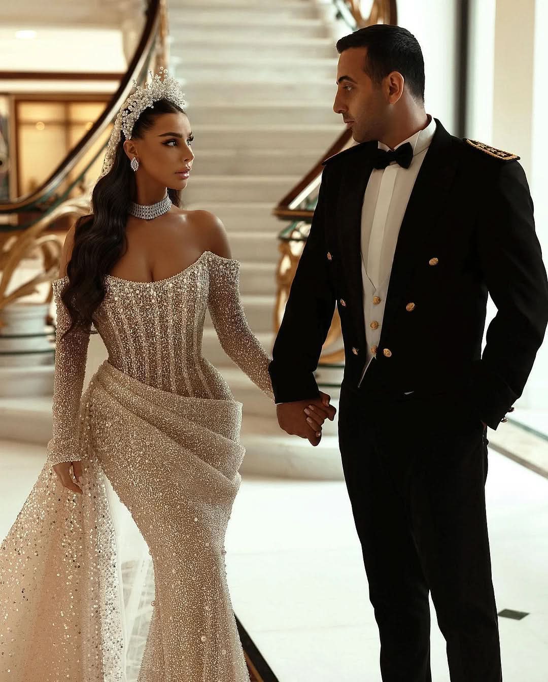 Champagne Long Sleeves Mermaid Sequin Wedding Dress Pleated BM bride