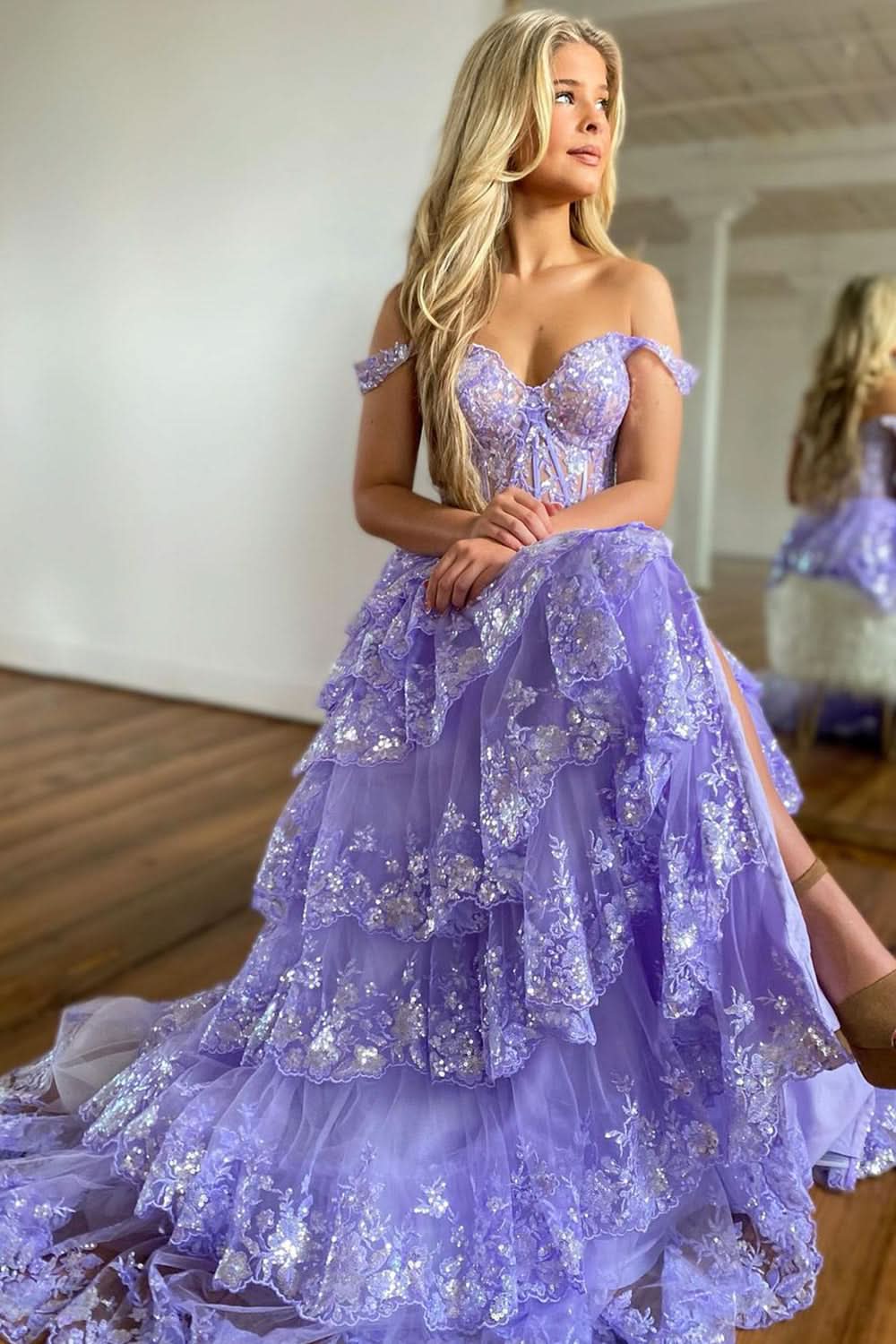 Princess A-Line Off-the-Shoulder Corset Prom Dress with Beautiful Lace Ruffles BM bride