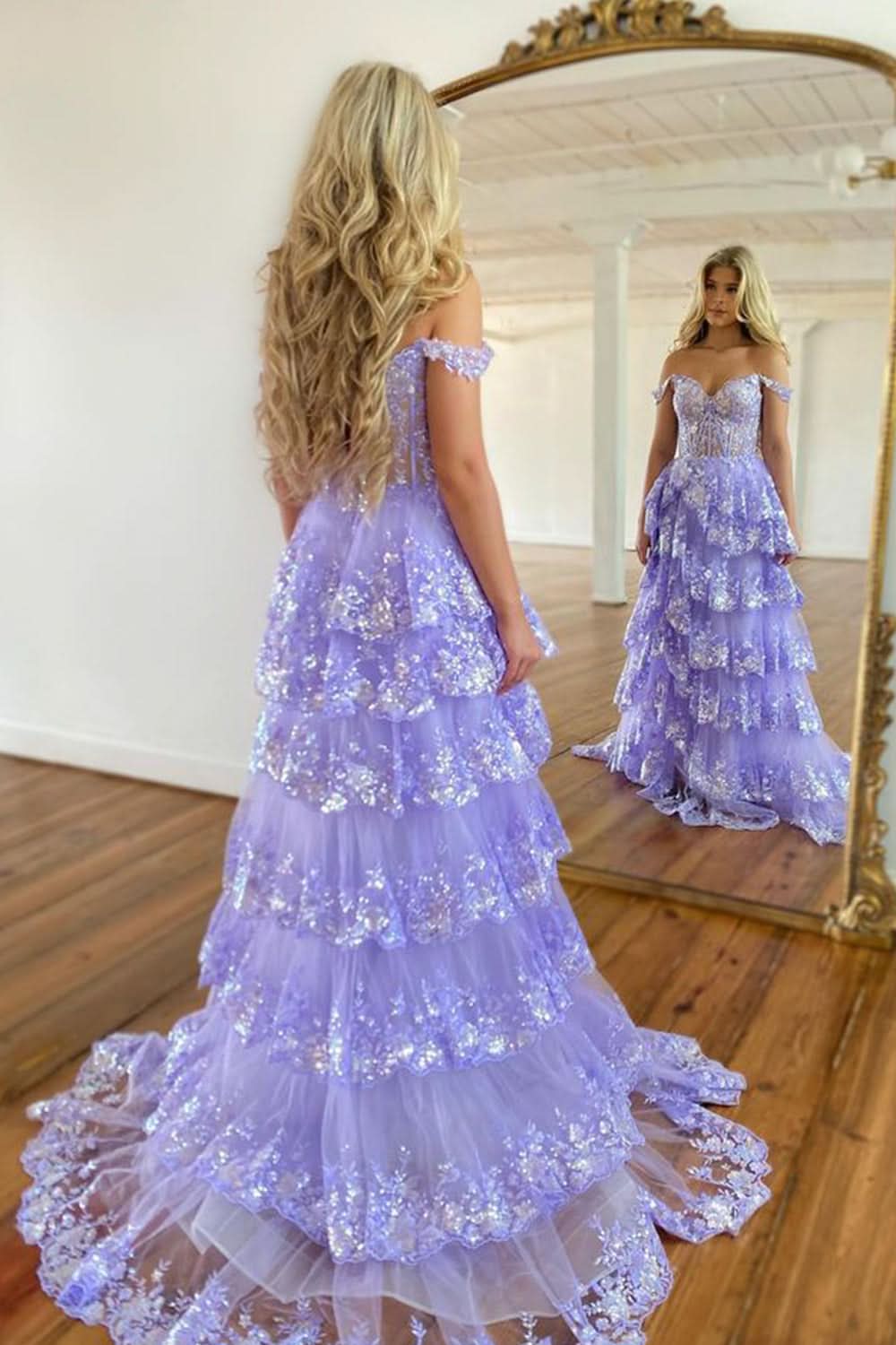 Princess A-Line Off-the-Shoulder Corset Prom Dress with Beautiful Lace Ruffles BM bride