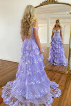 Princess A-Line Off-the-Shoulder Corset Prom Dress with Beautiful Lace Ruffles BM bride