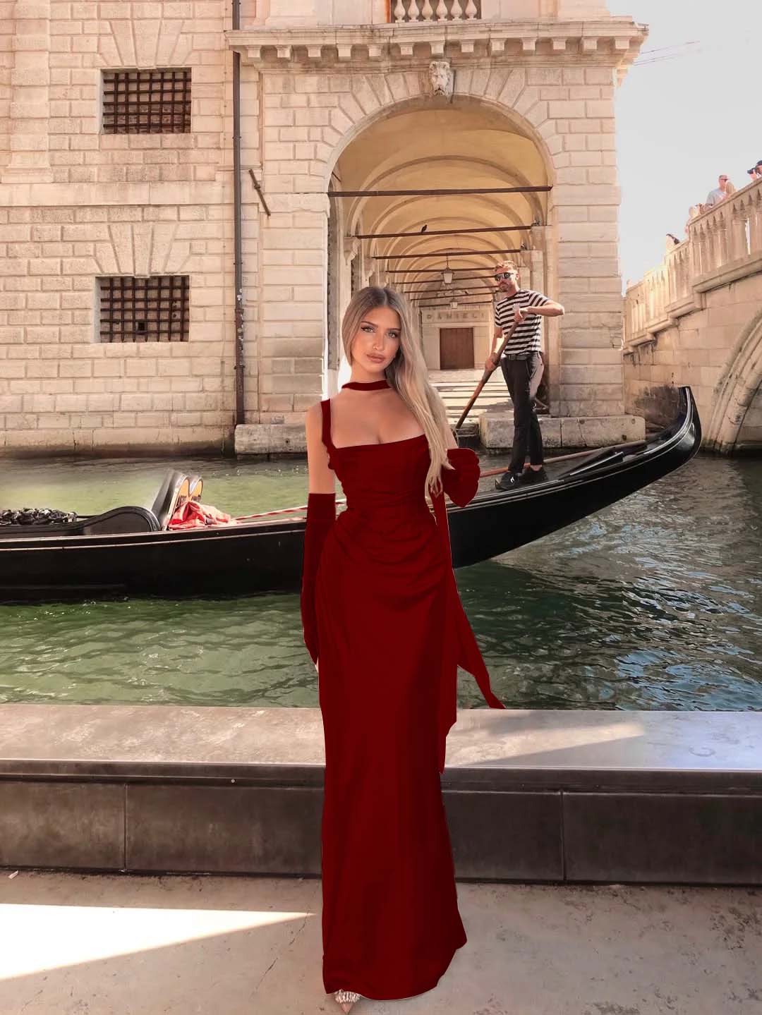 Spaghetti Strap Sleeveless Long Mermaid Prom Dress With Gloves BMBRIDE